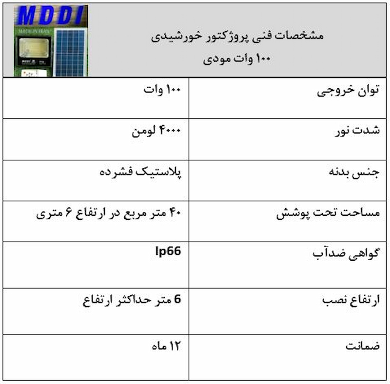 مشخصات پروژکتور خورشیدی 100 وات مودی