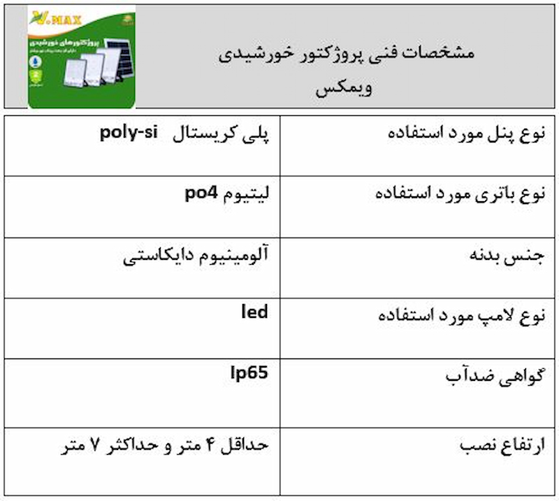 مشخصات فنی پروژکتور خورشیدی سنسور دار