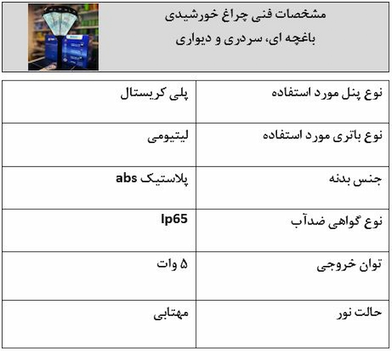 مشخصات فنی چراغ خورشیدی باغچه 