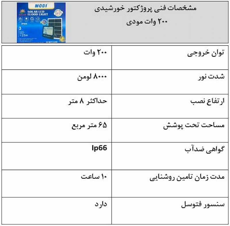مشخصات پروژکتور خورشیدی 200 وات مودی
